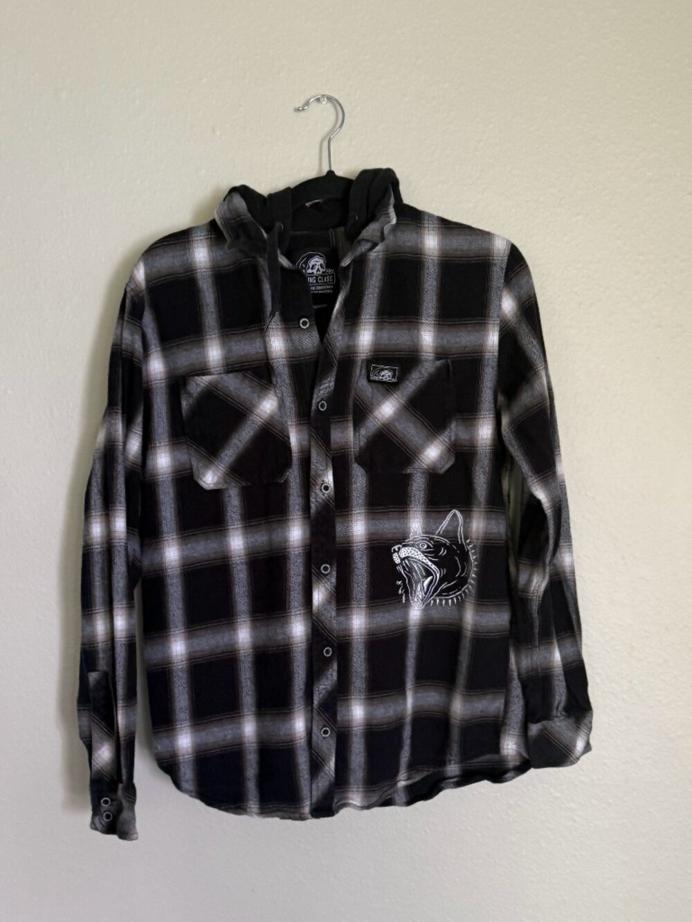 Lurking Class by Sketchy Tank K-9 Hooded Flannel Shirt Black White Plaid Size M